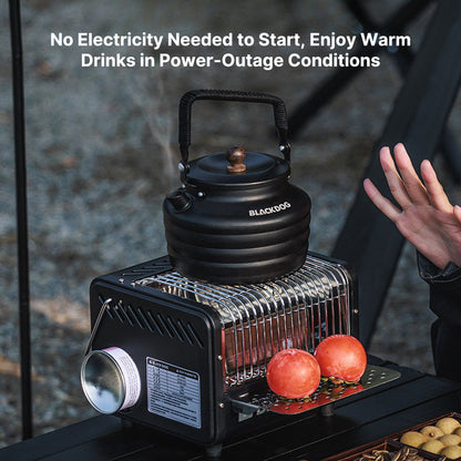 Portable outdoor heater for winter, showing boiling feature in use, compact design