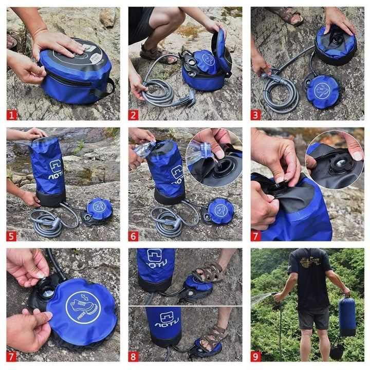 Detailed view of shower head and hose from portable camping pressure shower, ideal for outdoor use