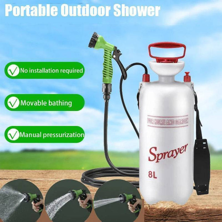 Portable outdoor camping shower kit with foot pump, hose, and nozzle, ideal for off-grid hygiene