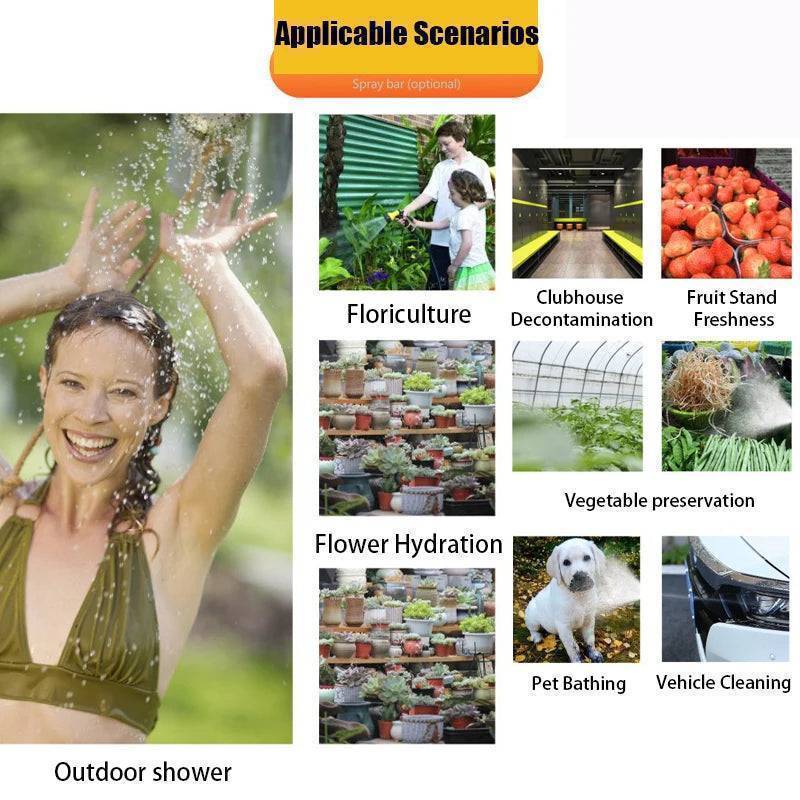 Outdoor hygiene solution: a portable camping shower with a black water bag and handheld sprayer