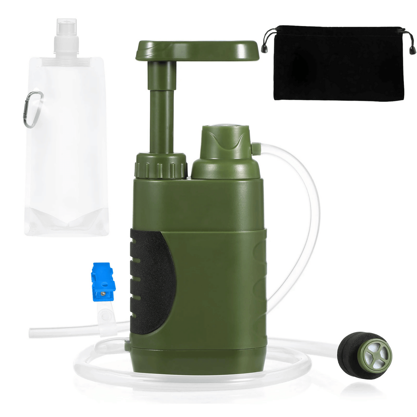 Portable outdoor water filter pump for camping, hiking, & backpacking, showing a person purifying water from a stream.
