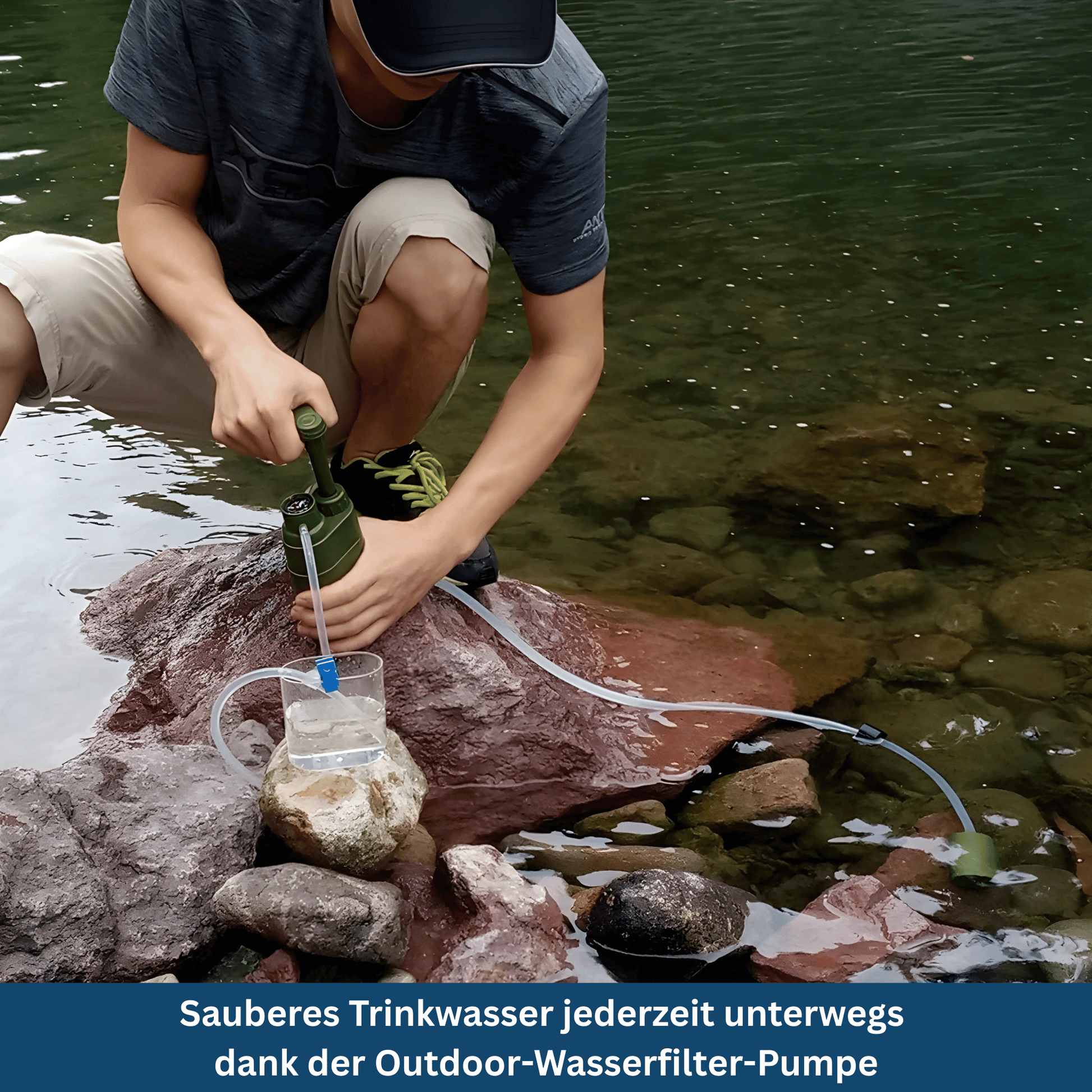 Compact water purifier for emergency preparedness & survival, ideal for outdoor adventures, with a clear view of its components.