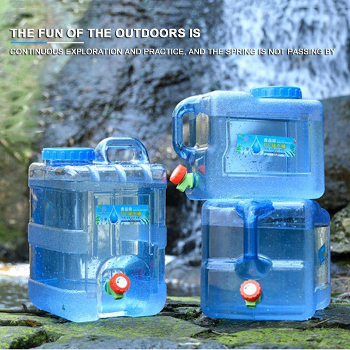 Portable outdoor water storage barrel, 5-gallon capacity, with spigot for camping hydration