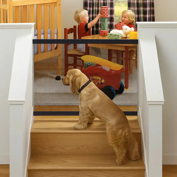Portable pet safety gate with durable nylon mesh for indoor & outdoor use. Easy install dog & cat barrier.