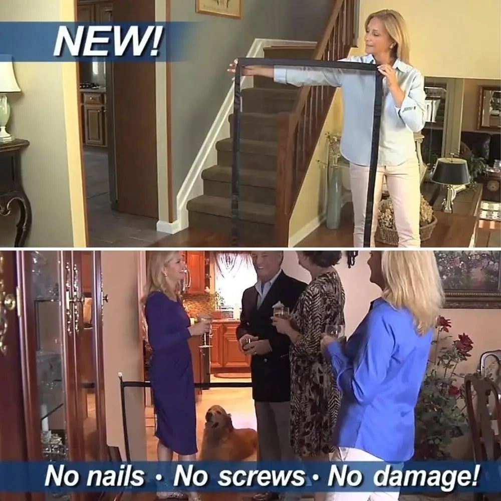 Flexible, portable pet safety barrier for dogs & cats. Easy-install nylon mesh gate for home security.