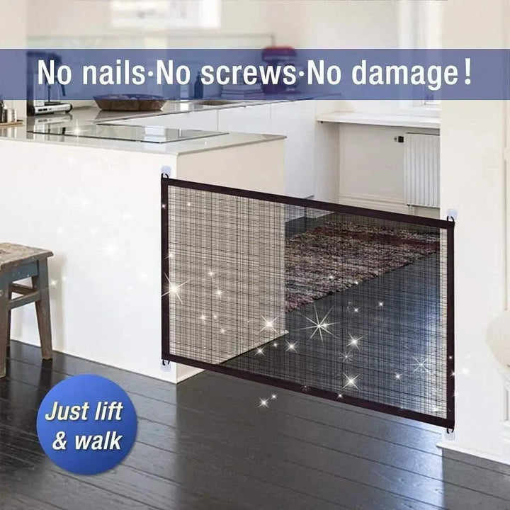 Easy-install portable pet gate with flexible nylon mesh. A safe, convenient barrier for dogs, cats, indoor & outdoor.