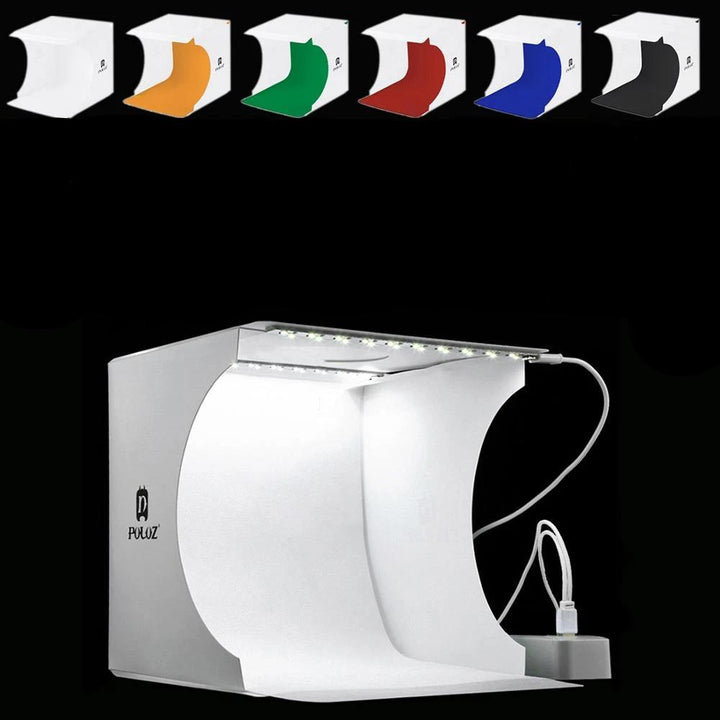 Compact mini photo studio kit featuring adjustable LED lights for e-commerce product photography.