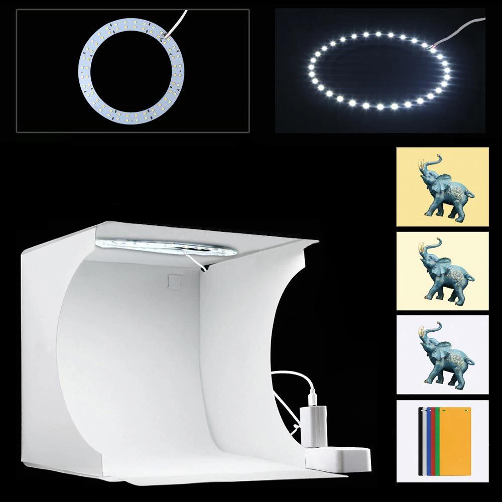 Dimmable LED lighting in a portable photo studio lightbox, ensuring perfect illumination for product images.