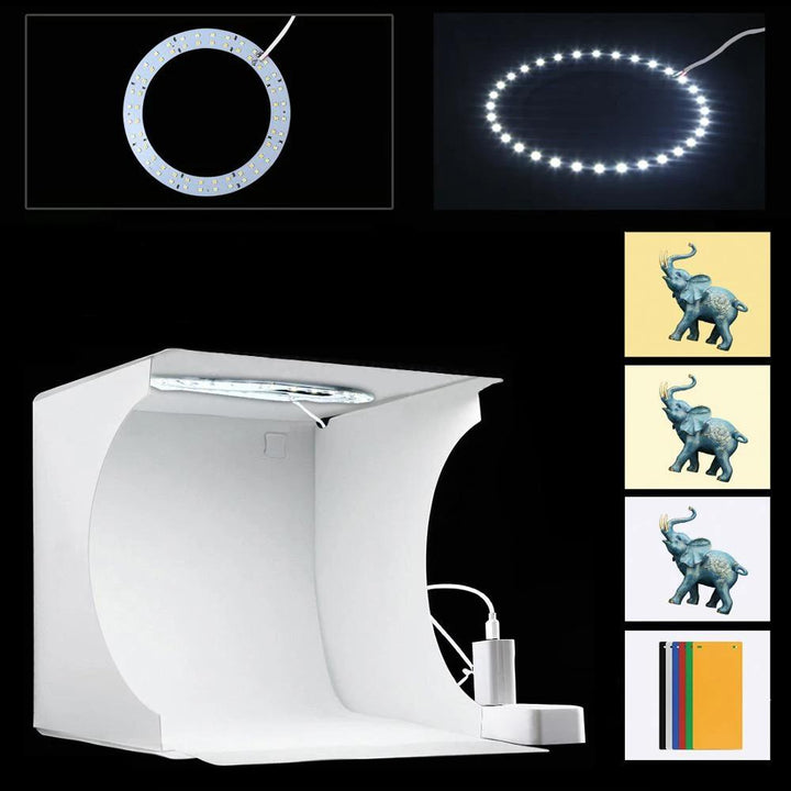 Dimmable LED lighting in a portable photo studio lightbox, ensuring perfect illumination for product images.
