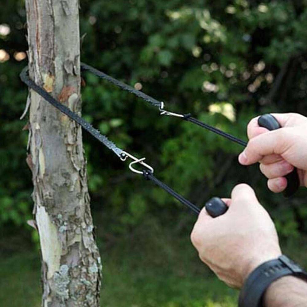 Portable pocket chain saw, compact survival tool for camping, hiking, and emergency wood cutting.