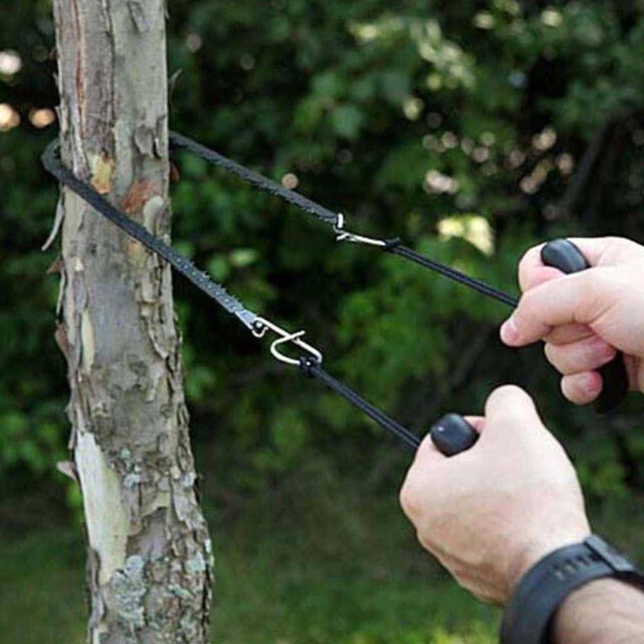 Portable pocket chain saw, compact survival tool for camping, hiking, and emergency wood cutting.
