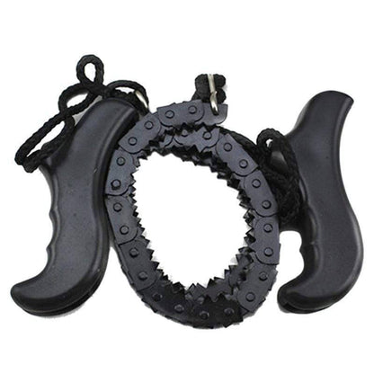 Universal pocket chain saw with sharp blades, essential outdoor equipment for bushcraft and gardening tasks.