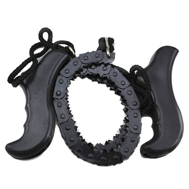 Universal pocket chain saw with sharp blades, essential outdoor equipment for bushcraft and gardening tasks.