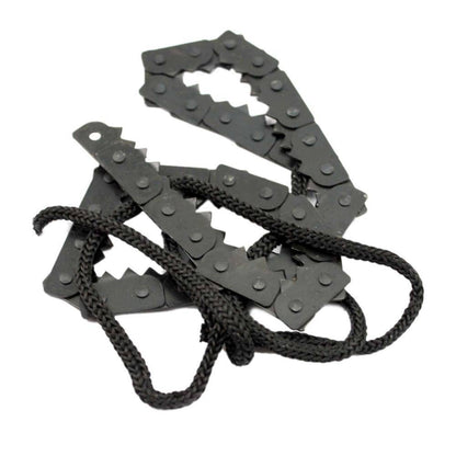 Handheld pocket chainsaw, lightweight and durable survival gear for wood cutting during camping trips.