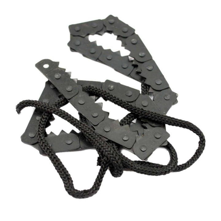 Handheld pocket chainsaw, lightweight and durable survival gear for wood cutting during camping trips.