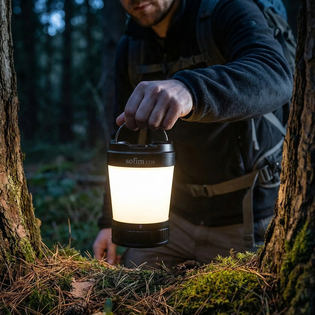 Portable rechargeable camping lantern with adjustable light, perfect for outdoor adventures & emergency use.