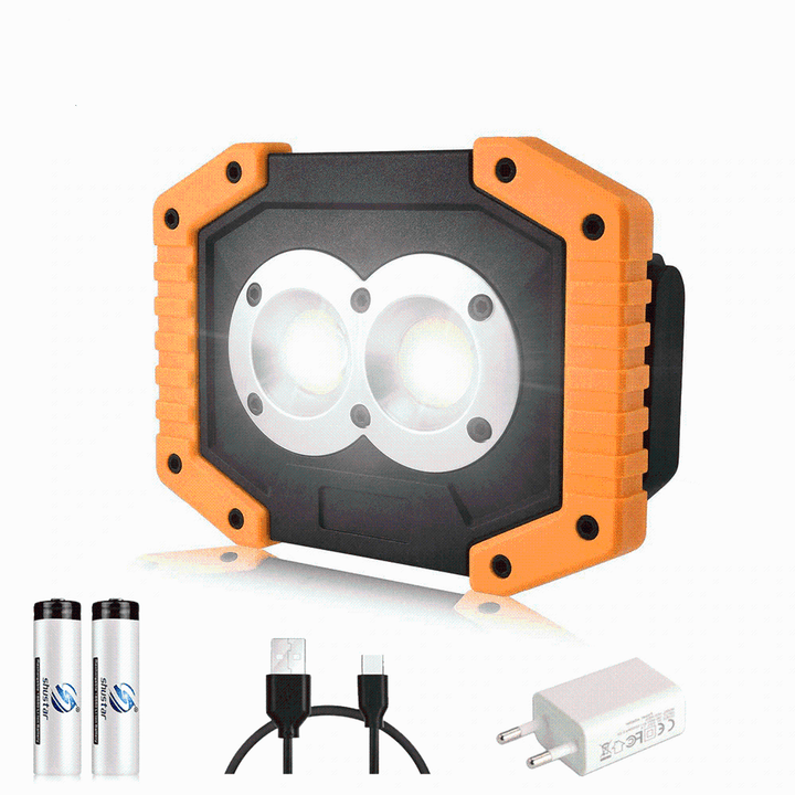 Portable rechargeable LED work light, 1000 lumens, for camping and emergency use