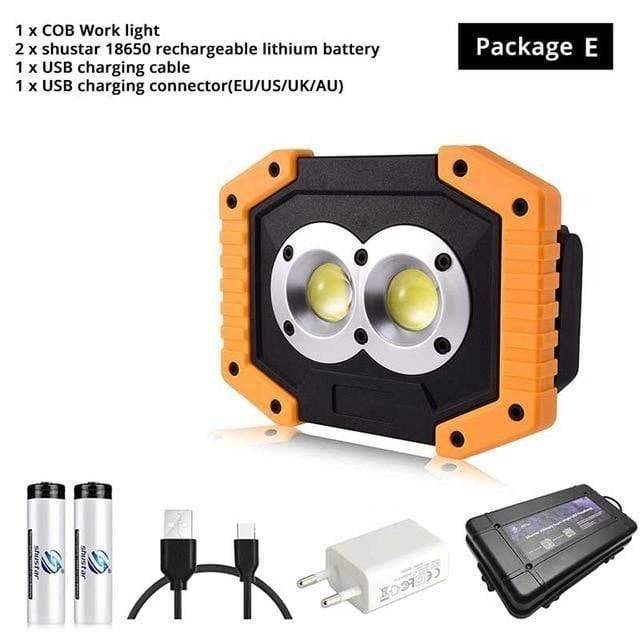 Versatile LED flashlight and work light, rechargeable, for camping, auto, and emergency
