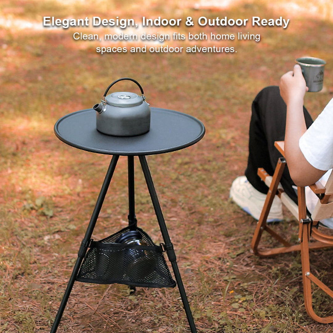 Outdoor camping table, round, compact, with mesh pocket for drinks and snacks