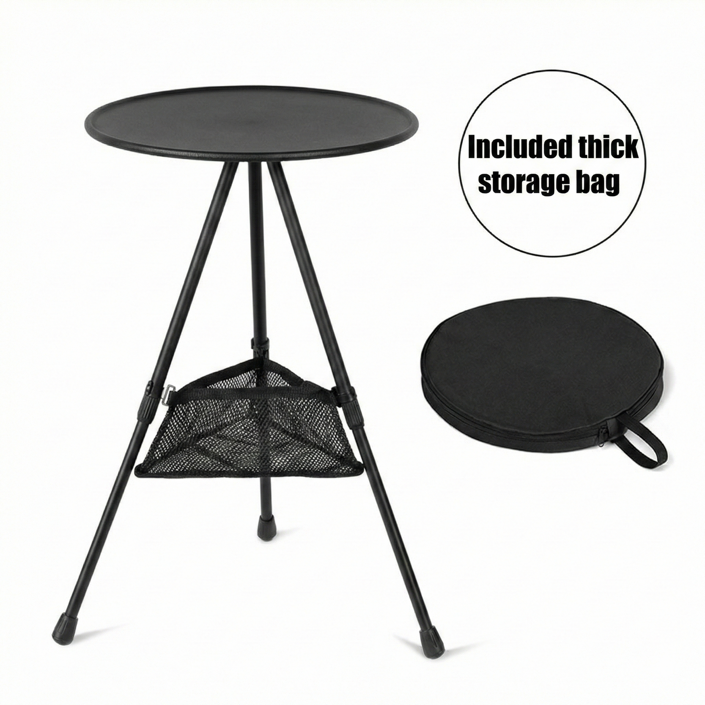 Durable portable round camping table, mesh pocket for extra storage, easy transport