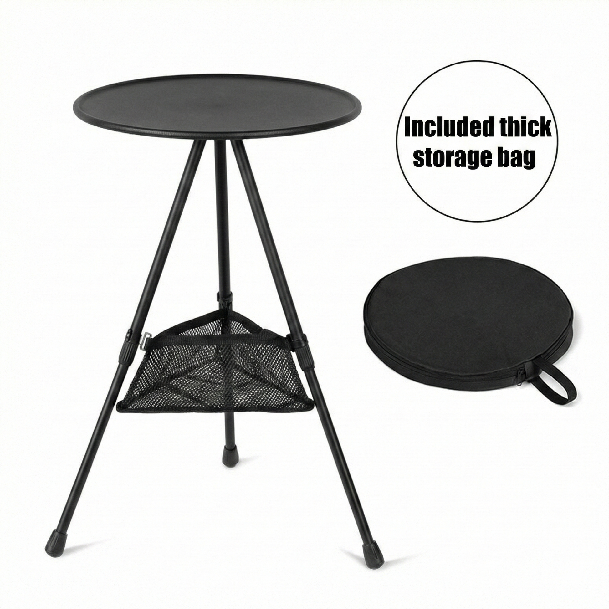 Durable portable round camping table, mesh pocket for extra storage, easy transport