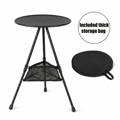 Durable portable round camping table, mesh pocket for extra storage, easy transport