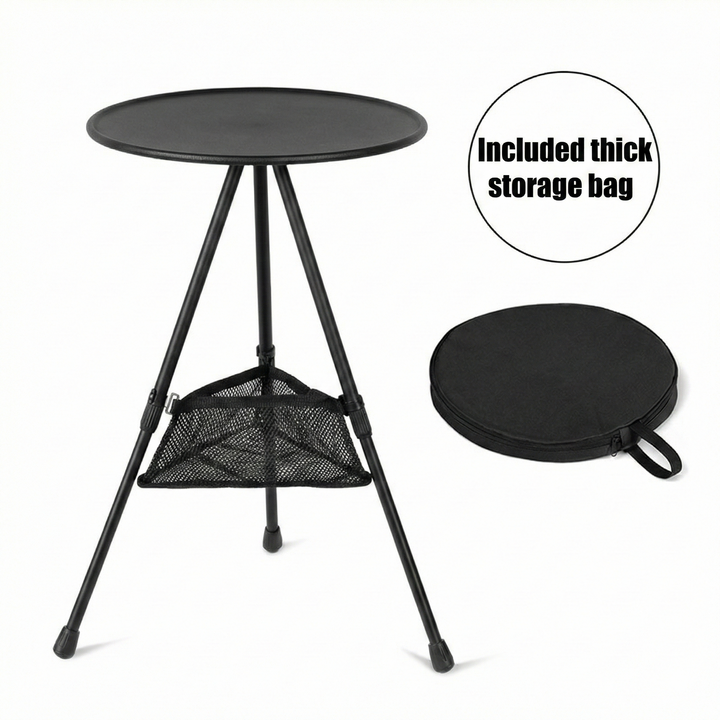 Durable portable round camping table, mesh pocket for extra storage, easy transport