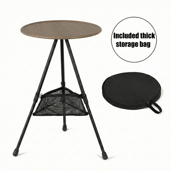 Lightweight camp furniture: round folding table with an integrated mesh pocket