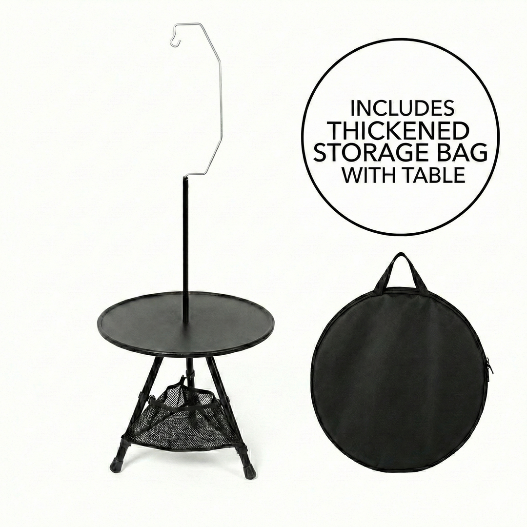 Compact round portable camping table with essential mesh pocket storage