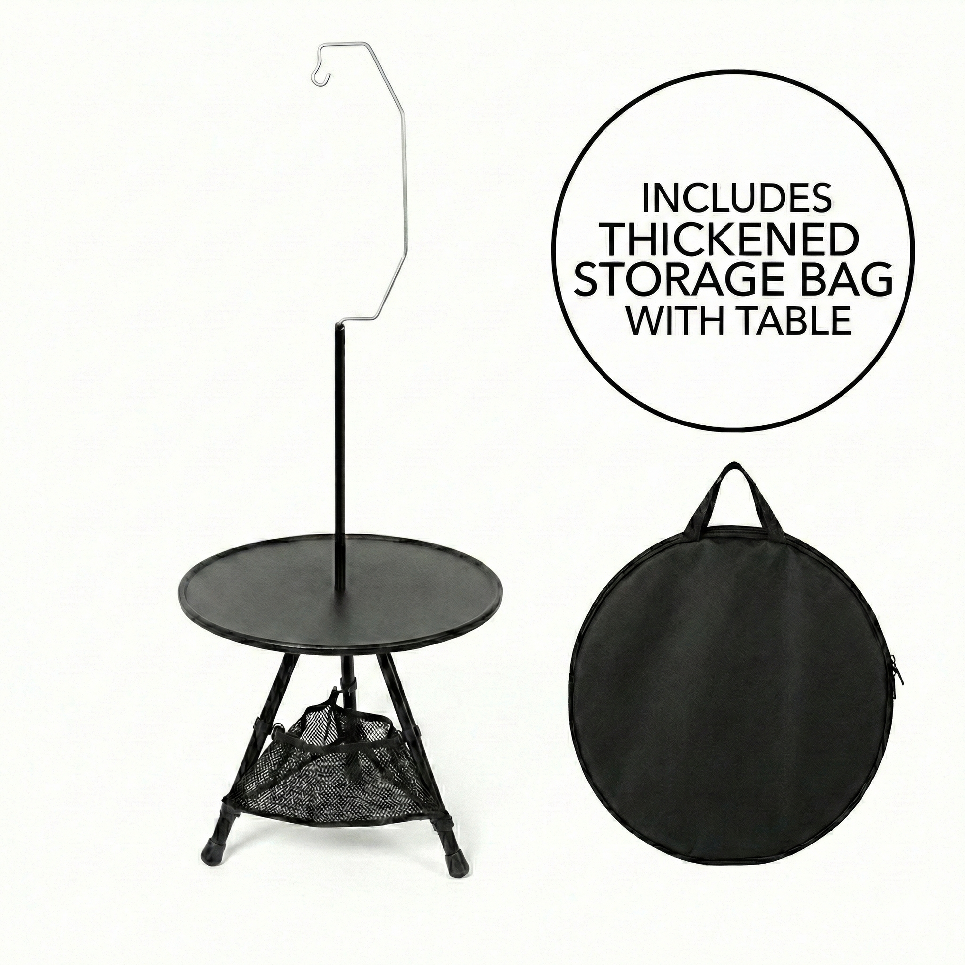 Compact round portable camping table with essential mesh pocket storage