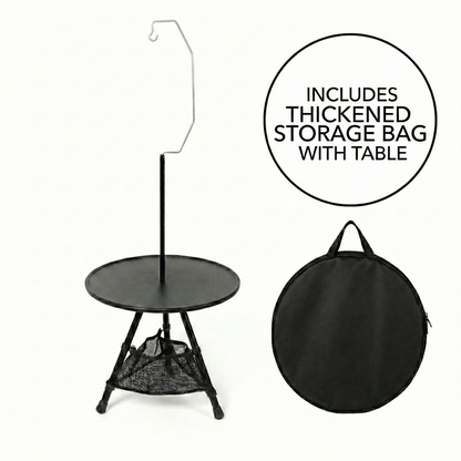 Compact round portable camping table with essential mesh pocket storage