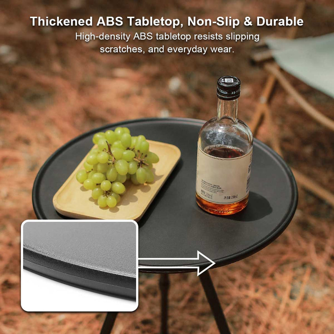 Folding camp table, round shape with a spacious mesh pocket, perfect for camping