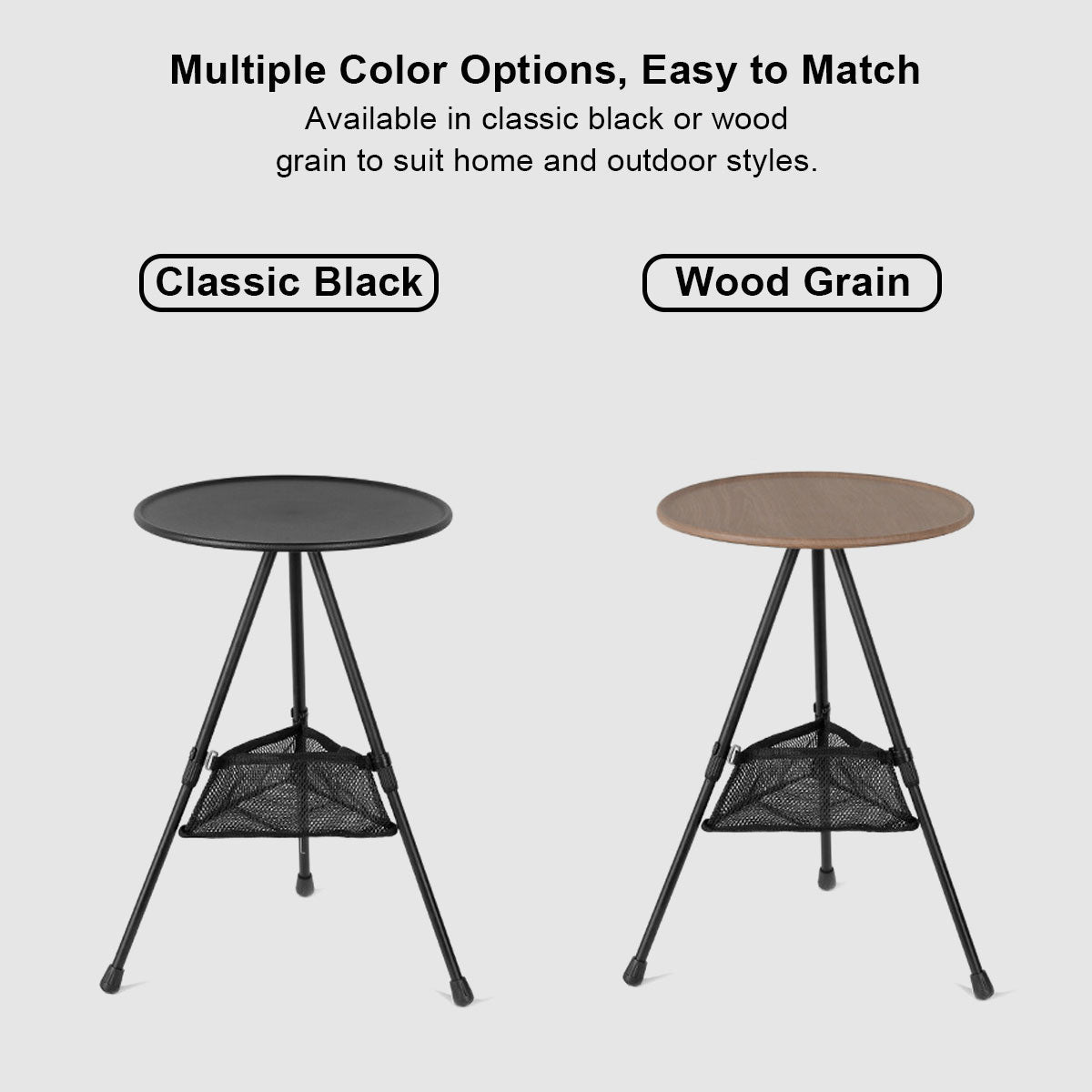 Compact round camping table, easy setup, with a smart mesh pocket for accessories