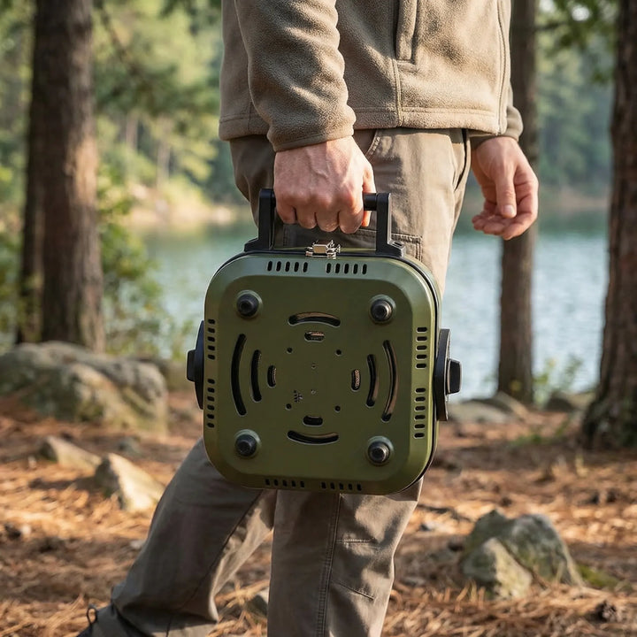Portable single-burner camping gas stove with non-stick pan for outdoor cooking and hiking meals.