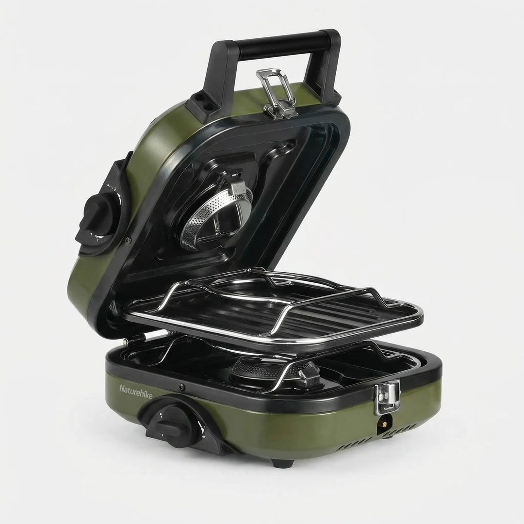 Compact portable gas stove and non-stick pan set, ideal for camping, picnics, and adventure gear.