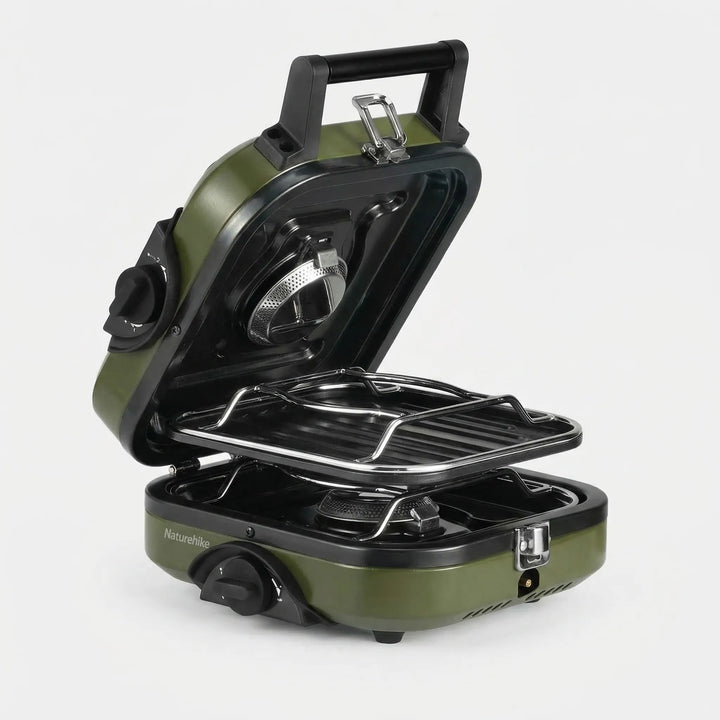 Compact portable gas stove and non-stick pan set, ideal for camping, picnics, and adventure gear.