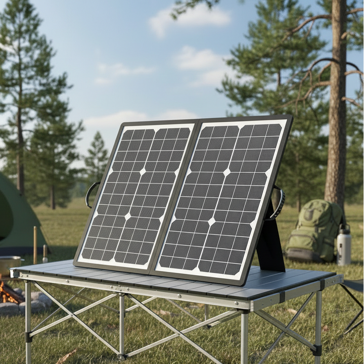 Portable solar charger with USB-A, USB-C, & DC ports for off-grid mobile device charging.