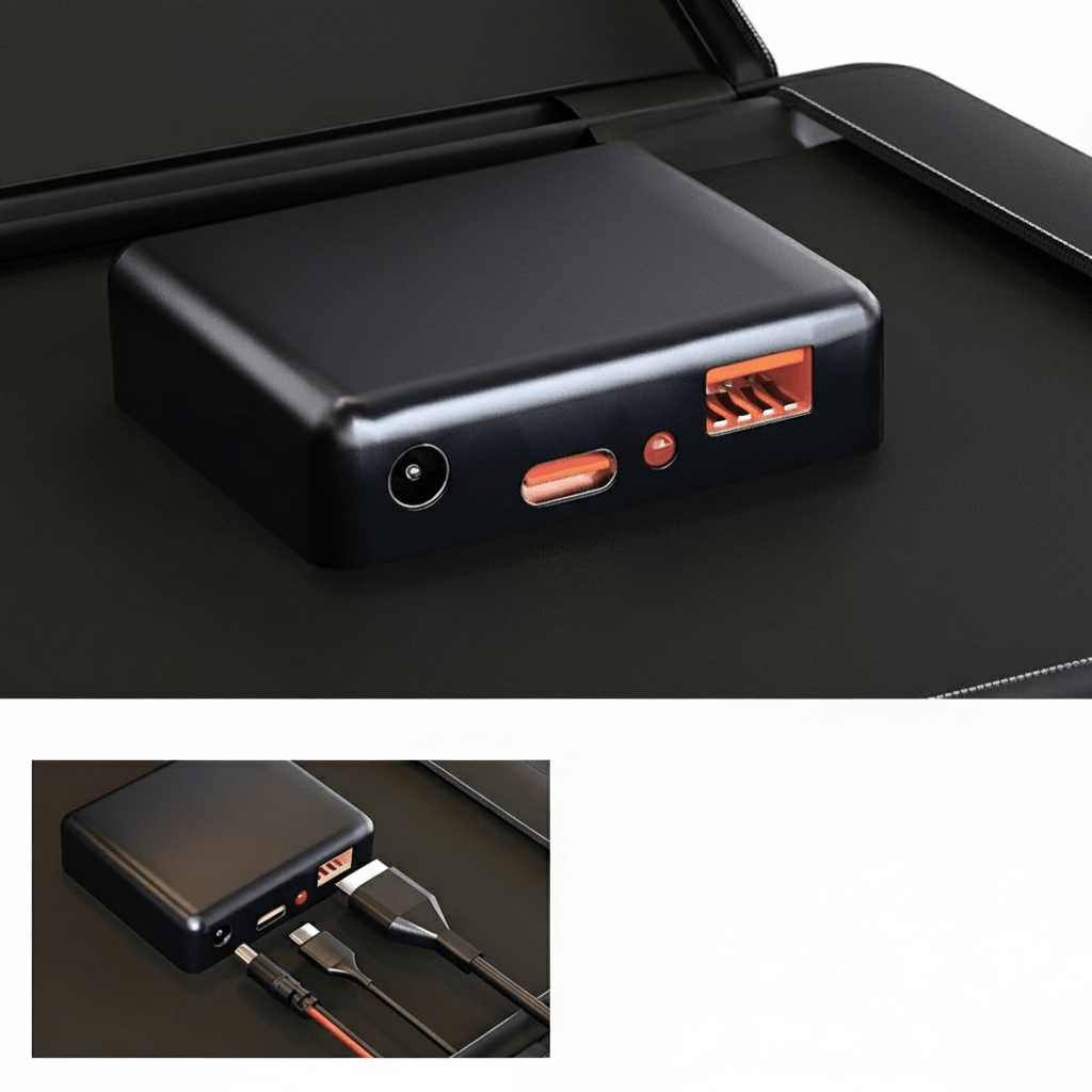 Renewable energy portable solar panel, powers phones & tablets via USB-A, USB-C, and DC ports.