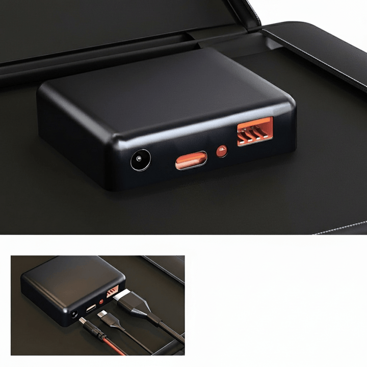Renewable energy portable solar panel, powers phones & tablets via USB-A, USB-C, and DC ports.