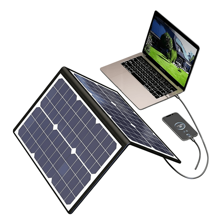 High-efficiency portable solar panel with USB-A, USB-C, and DC outputs for charging multiple gadgets.