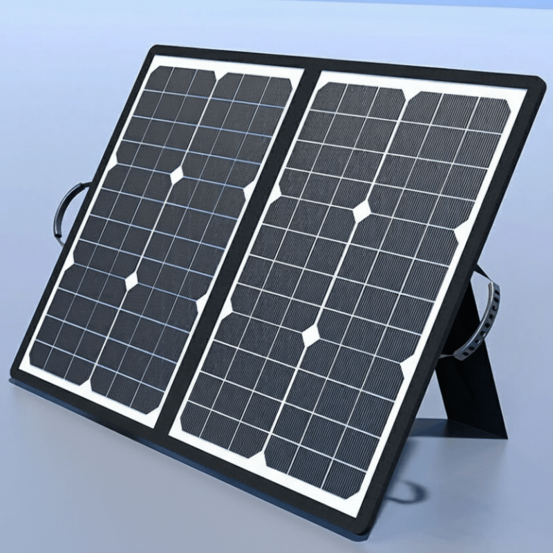 Foldable portable solar charger laid out, showing USB-A, USB-C, DC ports for diverse charging needs.