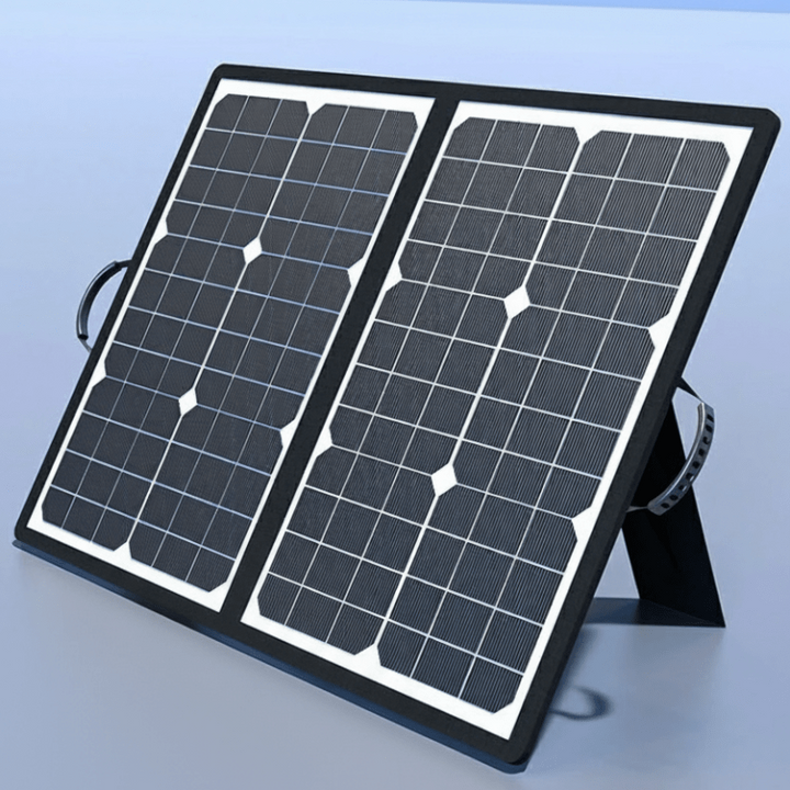 Foldable portable solar charger laid out, showing USB-A, USB-C, DC ports for diverse charging needs.