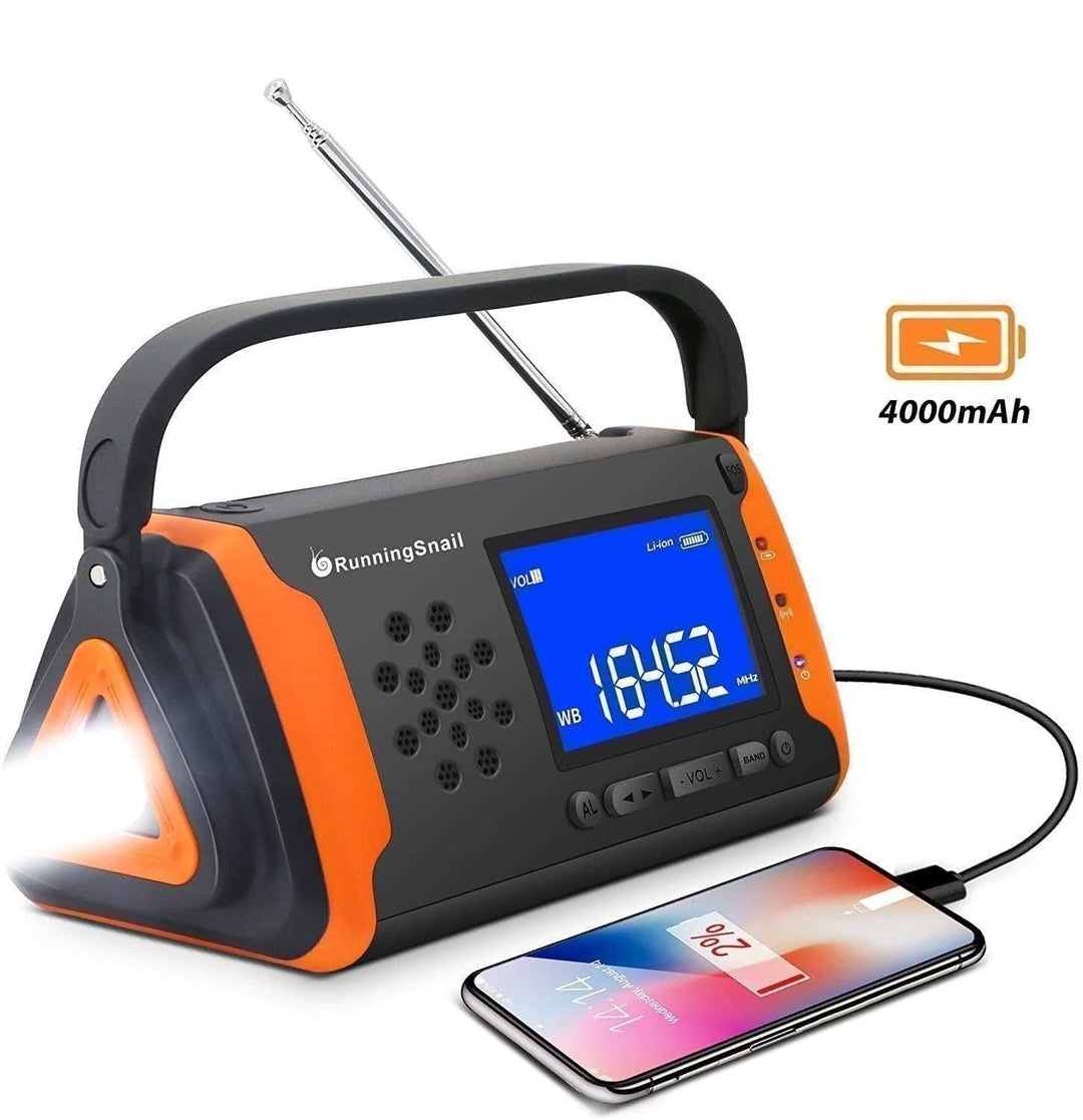 Compact solar-powered emergency radio featuring a built-in power bank & bright flashlight