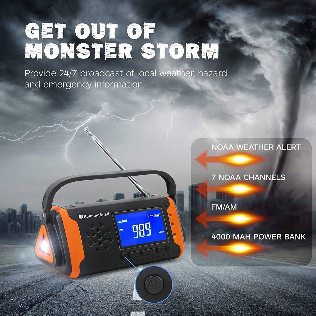 Emergency weather alert radio, solar rechargeable with power bank function, for camping