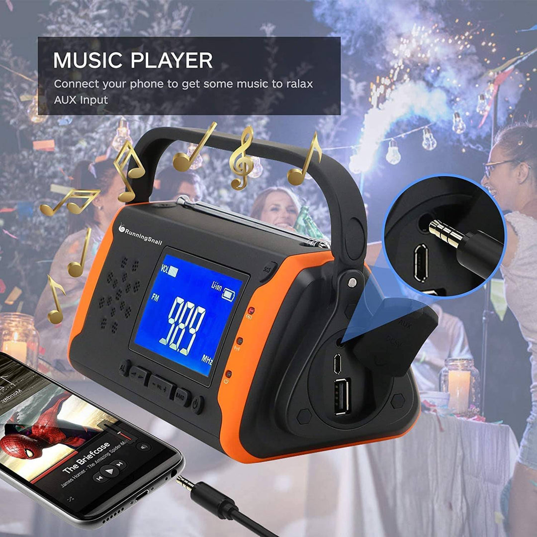 Survival equipment: rugged portable solar emergency radio, power bank & LED flashlight