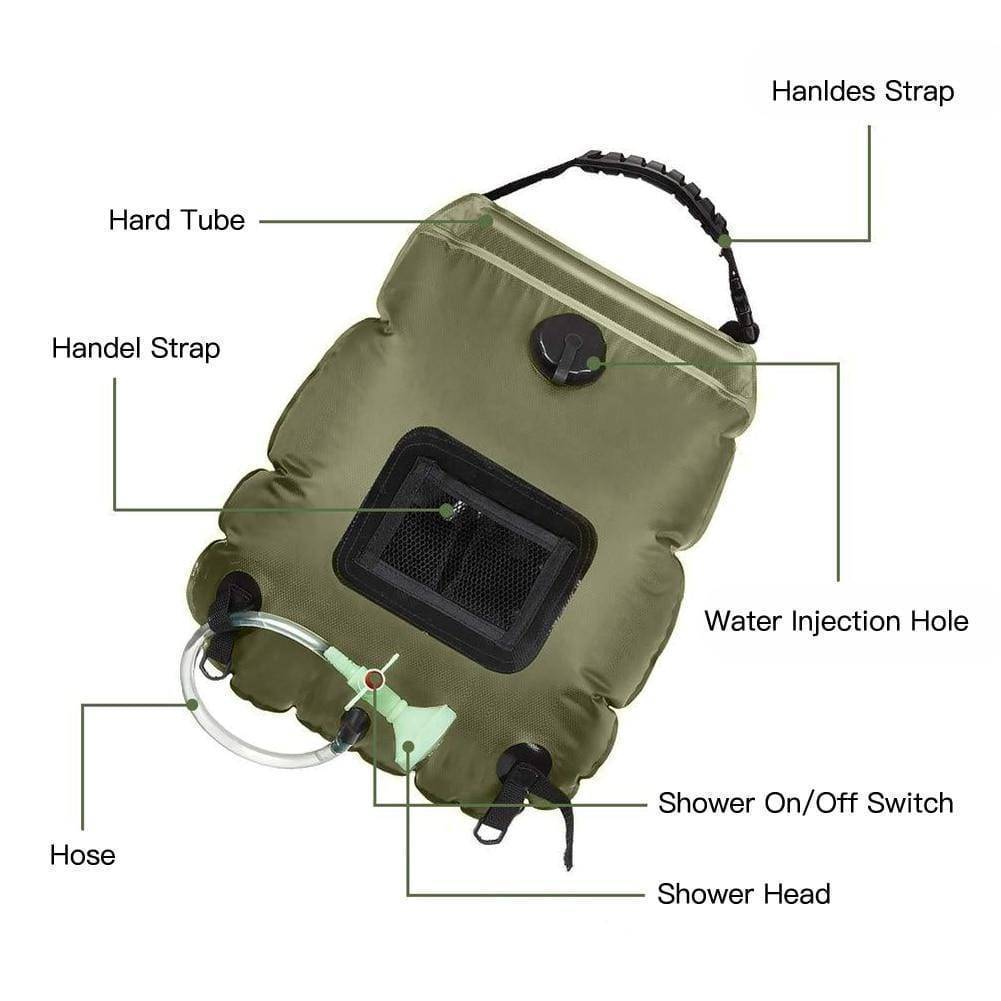 Outdoor shower water bag with solar heating, 20L for camping, hiking, and survival kits
