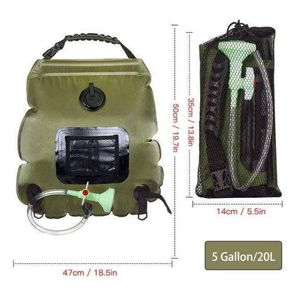 5-gallon portable camp shower, solar heated for hiking, camping, and outdoor adventures
