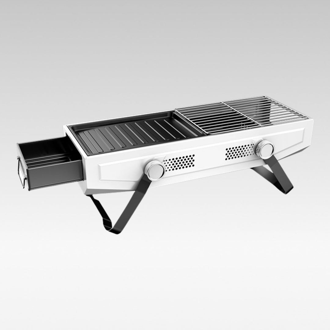 Portable stainless steel BBQ grill, folded for outdoor camping travel