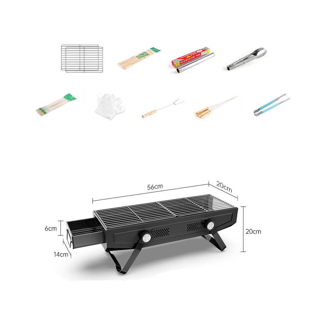Portable stainless steel BBQ grill, disassembled for packing