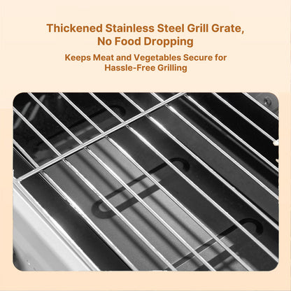 Side view of portable folding stainless steel BBQ grill for outdoor use